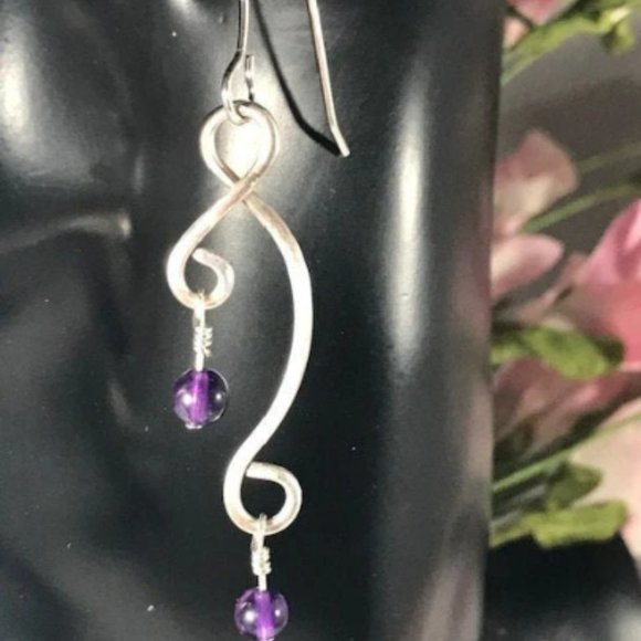 Amethyst Sterling Silver Dangle Earrings- Amethyst Earrings Dangle Style #1 - Picture 3 of 5